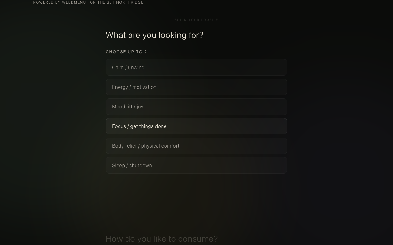 An early weed.menu screen asking what someone is looking for, using plain-language preference choices.